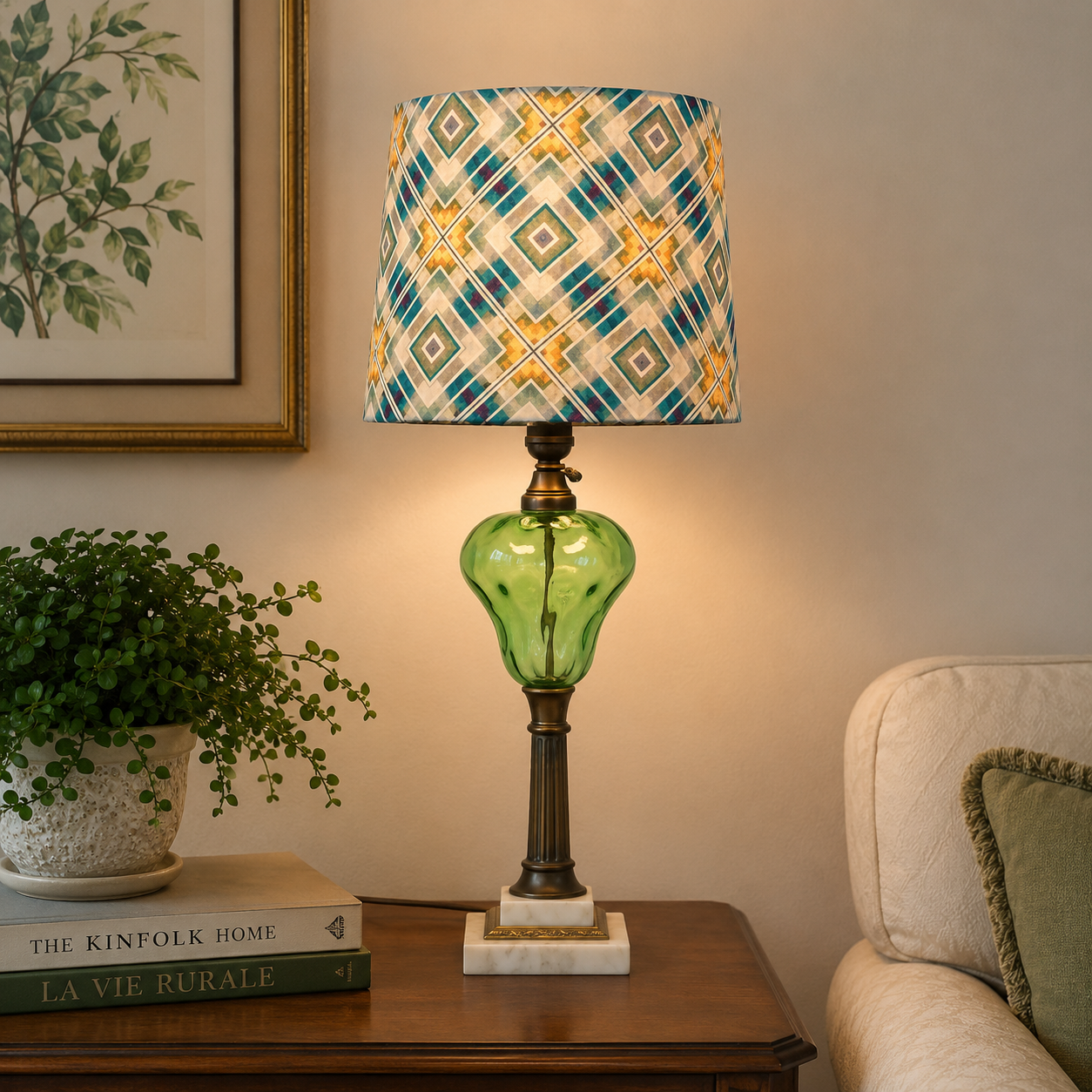 A table lamp with a green glass bulb and a patterned fabric shade in teal, yellow, and cream, placed on a wooden side table in a cozy living room setting.