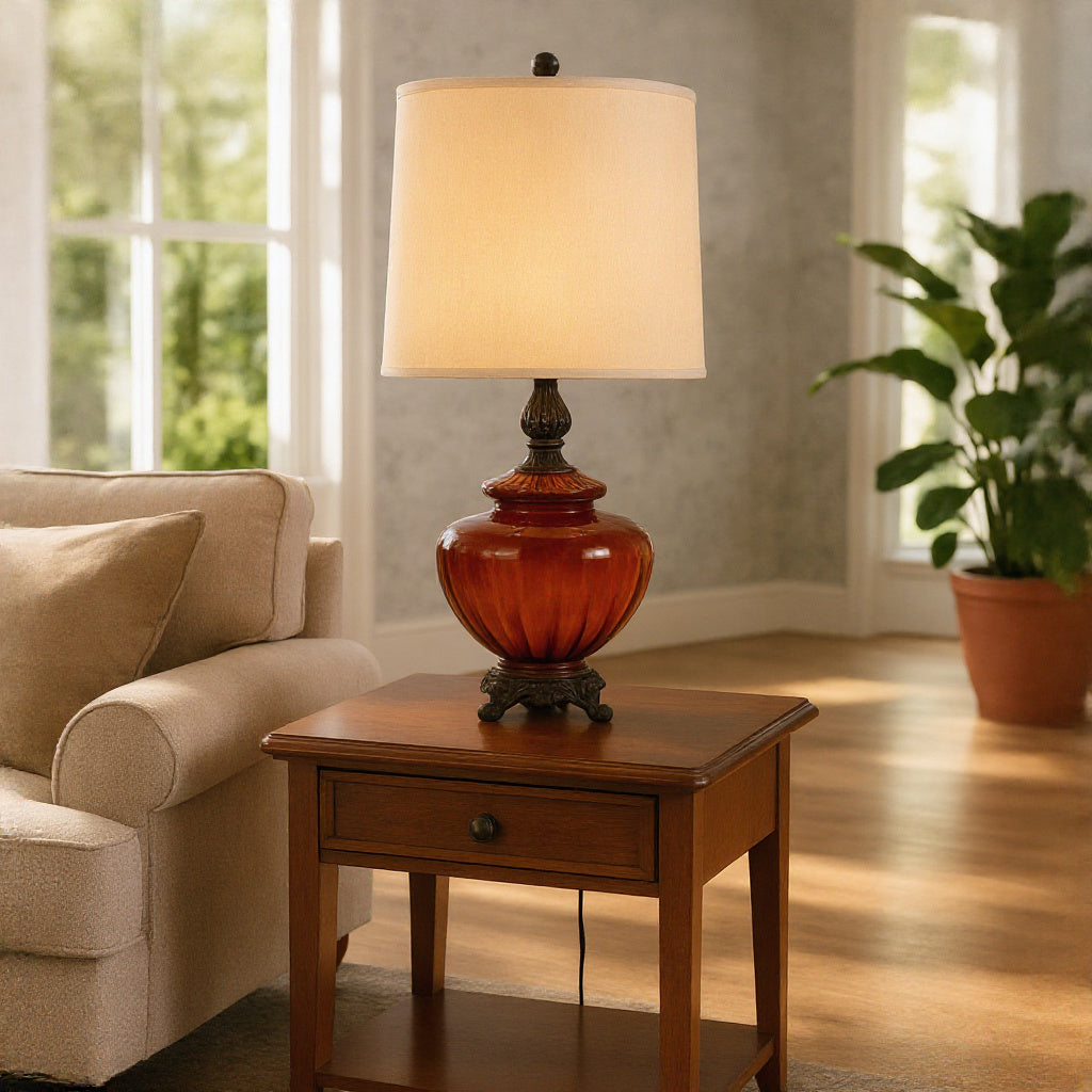 Large Amber Glass Mid Century Lamp, Hollywood Regency Vintage Lamp, Vintage Table Amber Lamp