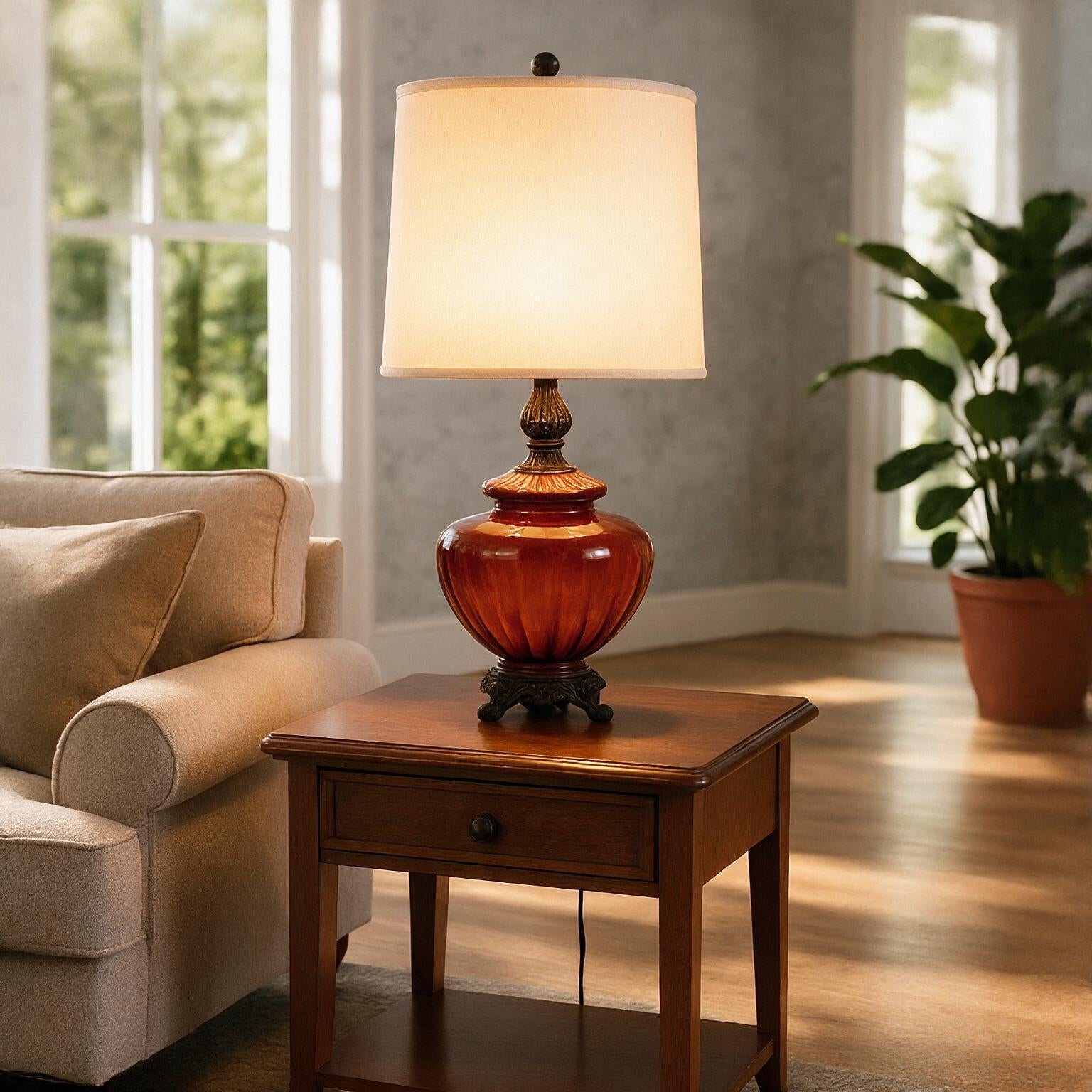 Large Amber Glass Mid Century Lamp, Hollywood Regency Vintage Lamp, Vintage Table Amber Lamp