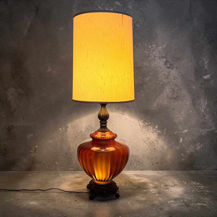 Large Amber Glass Mid Century Lamp, Hollywood Regency Vintage Lamp, Vintage Table Amber Lamp