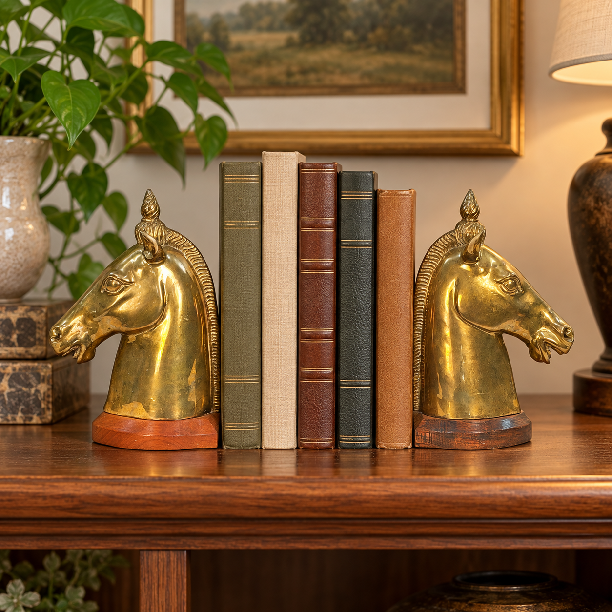 Large Vintage Brass Horse Head Bookends Pair – 12” Equestrian Sculptures on Wood Bases – Heavy Brass Library Decor