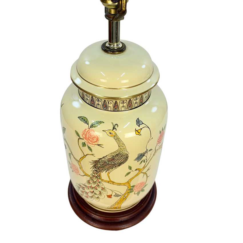 Vintage Yellow Peacock Ginger Jar Lamp, Chinoiserie Style Ceramic Table Lamp on Wood Base, 3 Way, 25.25” Tall