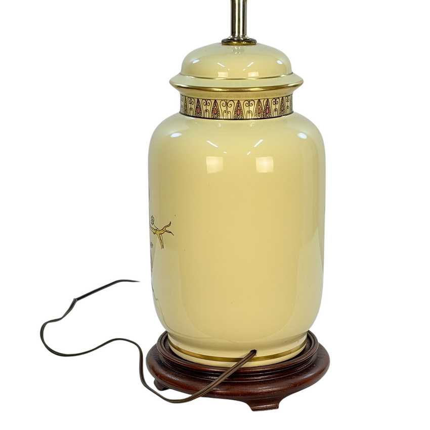 Vintage Yellow Peacock Ginger Jar Lamp, Chinoiserie Style Ceramic Table Lamp on Wood Base, 3 Way, 25.25” Tall