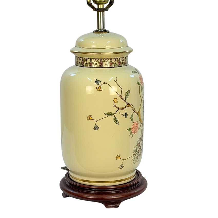 Vintage Yellow Peacock Ginger Jar Lamp, Chinoiserie Style Ceramic Table Lamp on Wood Base, 3 Way, 25.25” Tall