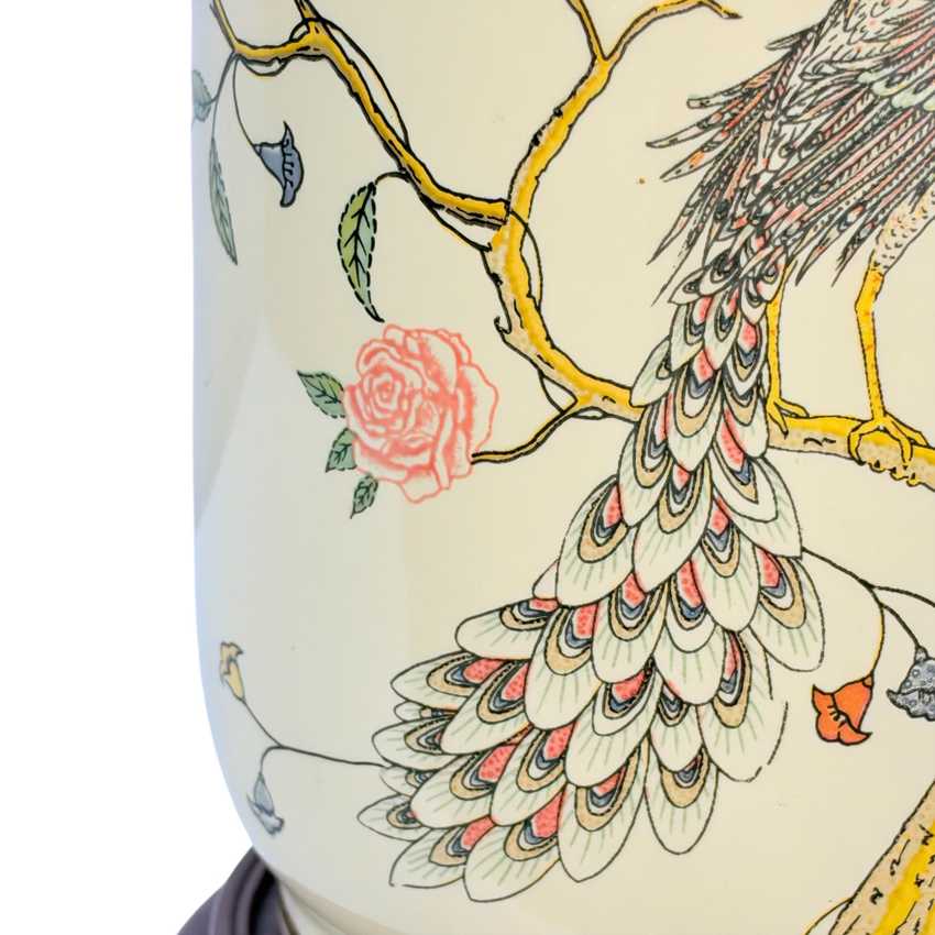 Vintage Yellow Peacock Ginger Jar Lamp, Chinoiserie Style Ceramic Table Lamp on Wood Base, 3 Way, 25.25” Tall