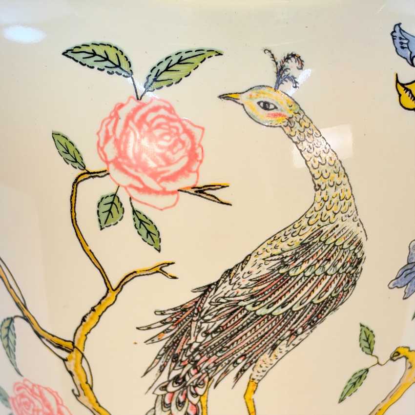 Vintage Yellow Peacock Ginger Jar Lamp, Chinoiserie Style Ceramic Table Lamp on Wood Base, 3 Way, 25.25” Tall