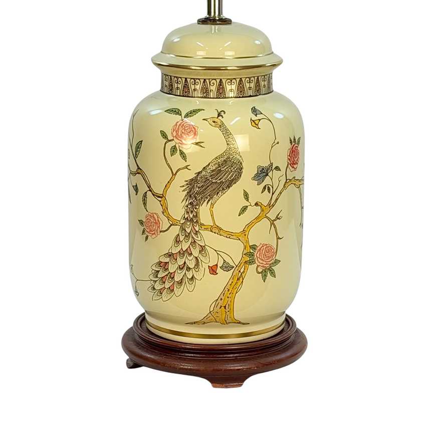 Vintage Yellow Peacock Ginger Jar Lamp, Chinoiserie Style Ceramic Table Lamp on Wood Base, 3 Way, 25.25” Tall