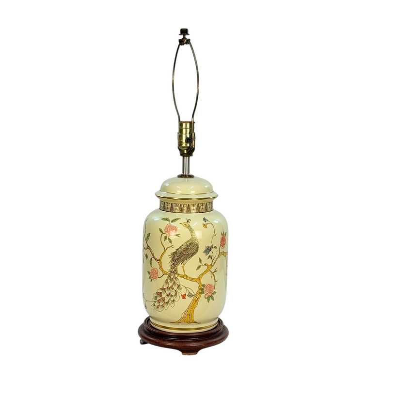 Vintage Yellow Peacock Ginger Jar Lamp, Chinoiserie Style Ceramic Table Lamp on Wood Base, 3 Way, 25.25” Tall