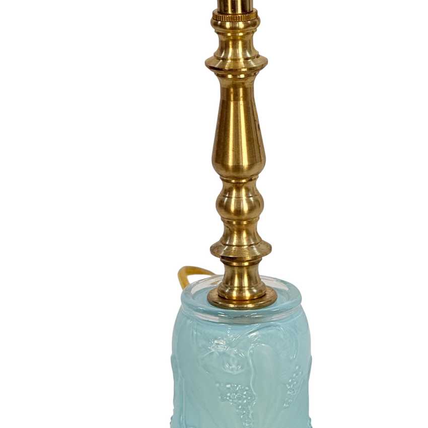 Handmade Light Blue Glass Table Lamp | Custom Painted Vintage Glass Lamp | Brass Accent Lighting
