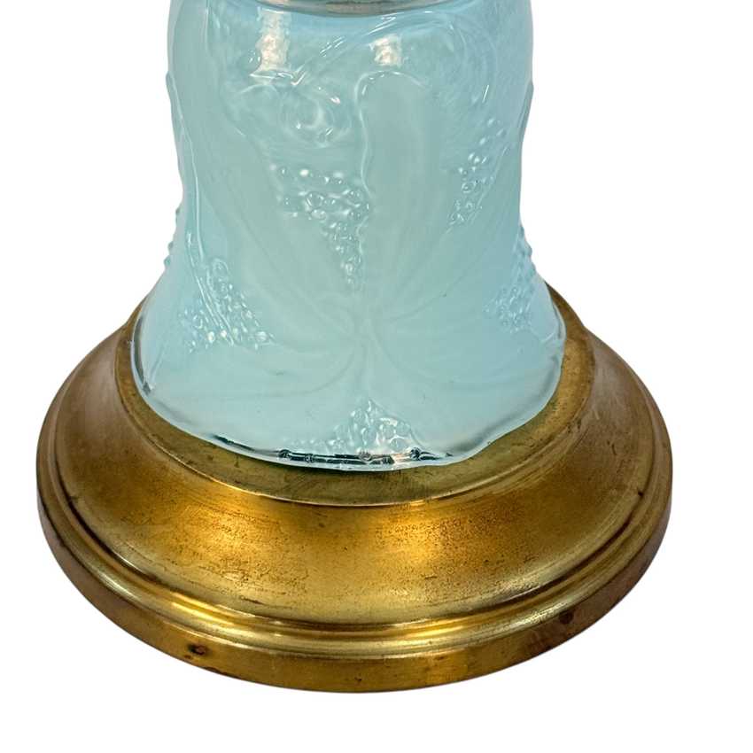 Handmade Light Blue Glass Table Lamp | Custom Painted Vintage Glass Lamp | Brass Accent Lighting
