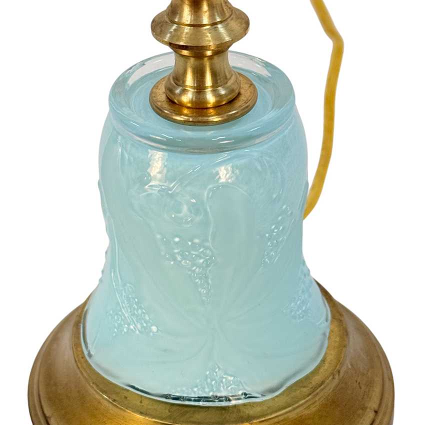 Handmade Light Blue Glass Table Lamp | Custom Painted Vintage Glass Lamp | Brass Accent Lighting