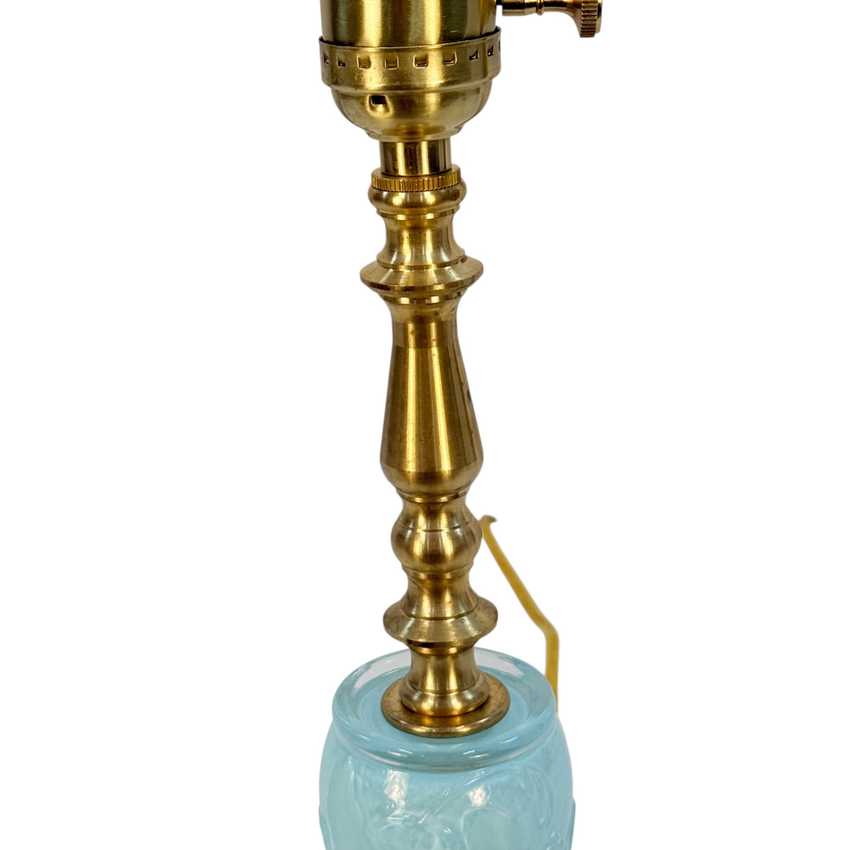 Handmade Light Blue Glass Table Lamp | Custom Painted Vintage Glass Lamp | Brass Accent Lighting