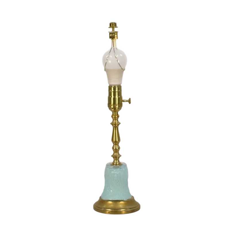 Handmade Light Blue Glass Table Lamp | Custom Painted Vintage Glass Lamp | Brass Accent Lighting