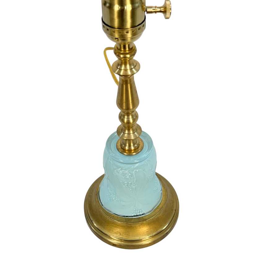 Handmade Light Blue Glass Table Lamp | Custom Painted Vintage Glass Lamp | Brass Accent Lighting