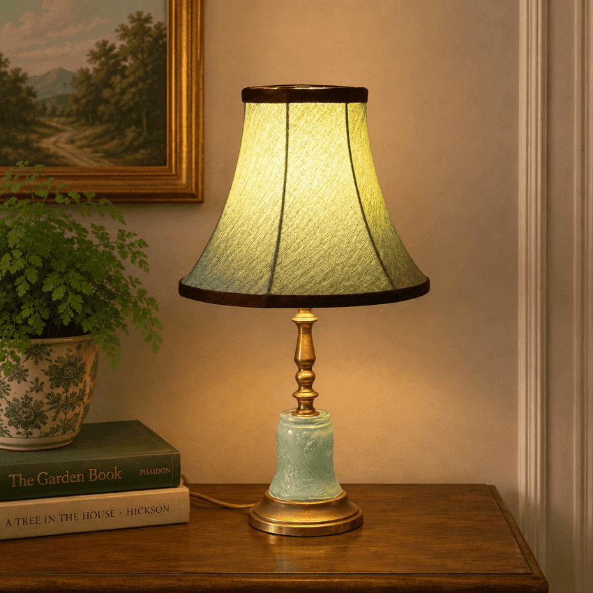 A table lamp with a textured green and yellow shade, a gold-toned metal stem, and a pale blue-green glass base, placed on a wooden table in a warmly lit room next to a potted plant and books.