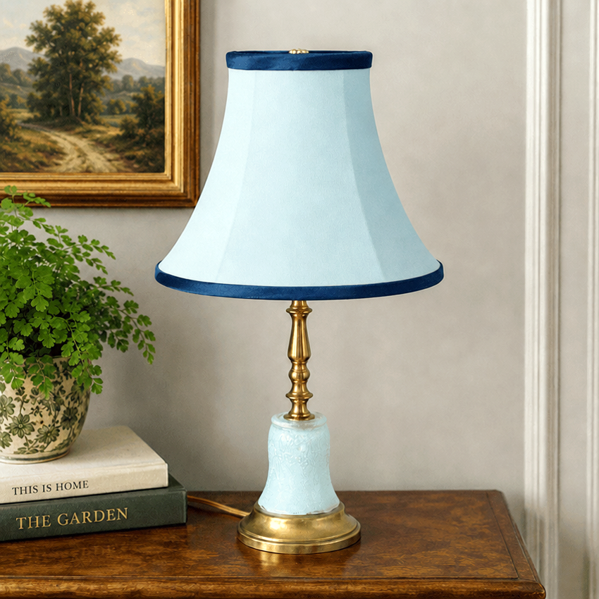Handmade Light Blue Glass Table Lamp | Custom Painted Vintage Glass Lamp | Brass Accent Lighting