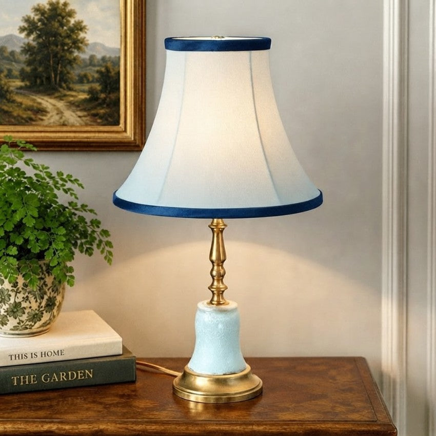 Handmade Light Blue Glass Table Lamp | Custom Painted Vintage Glass Lamp | Brass Accent Lighting