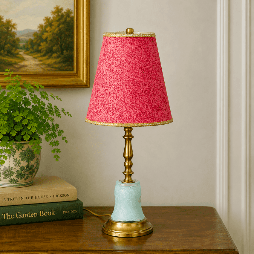 Handmade Light Blue Glass Table Lamp | Custom Painted Vintage Glass Lamp | Brass Accent Lighting