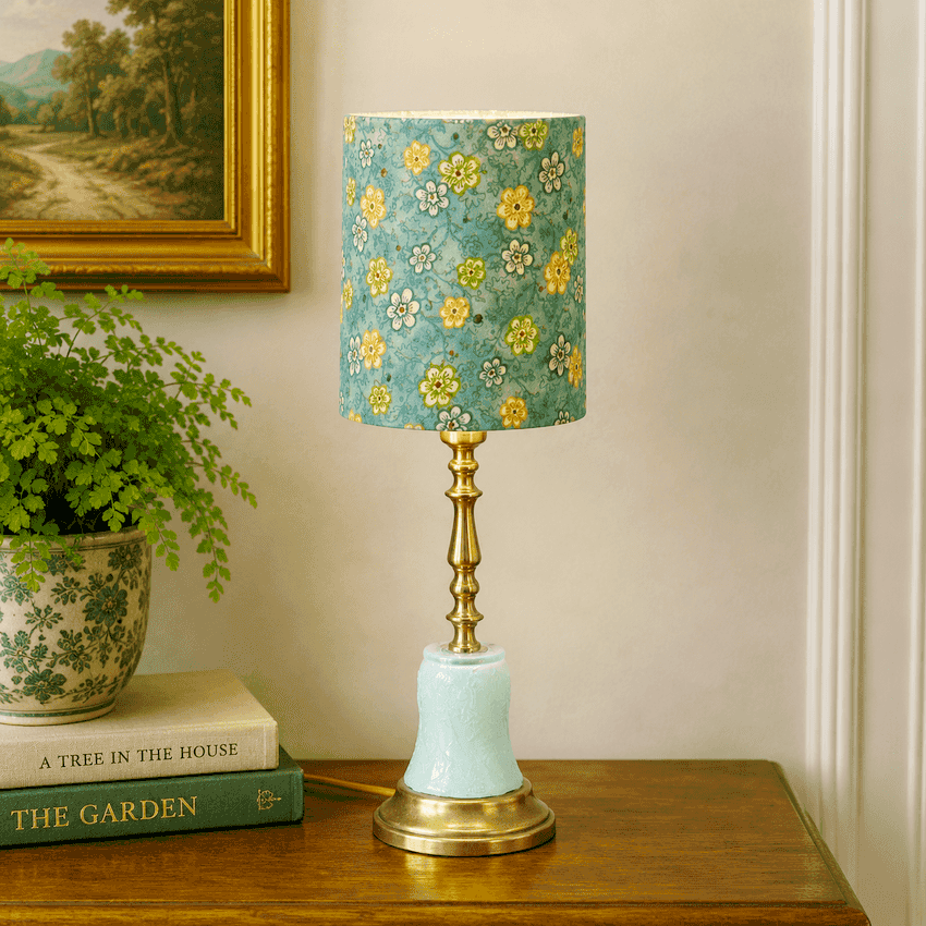 Handmade Light Blue Glass Table Lamp | Custom Painted Vintage Glass Lamp | Brass Accent Lighting