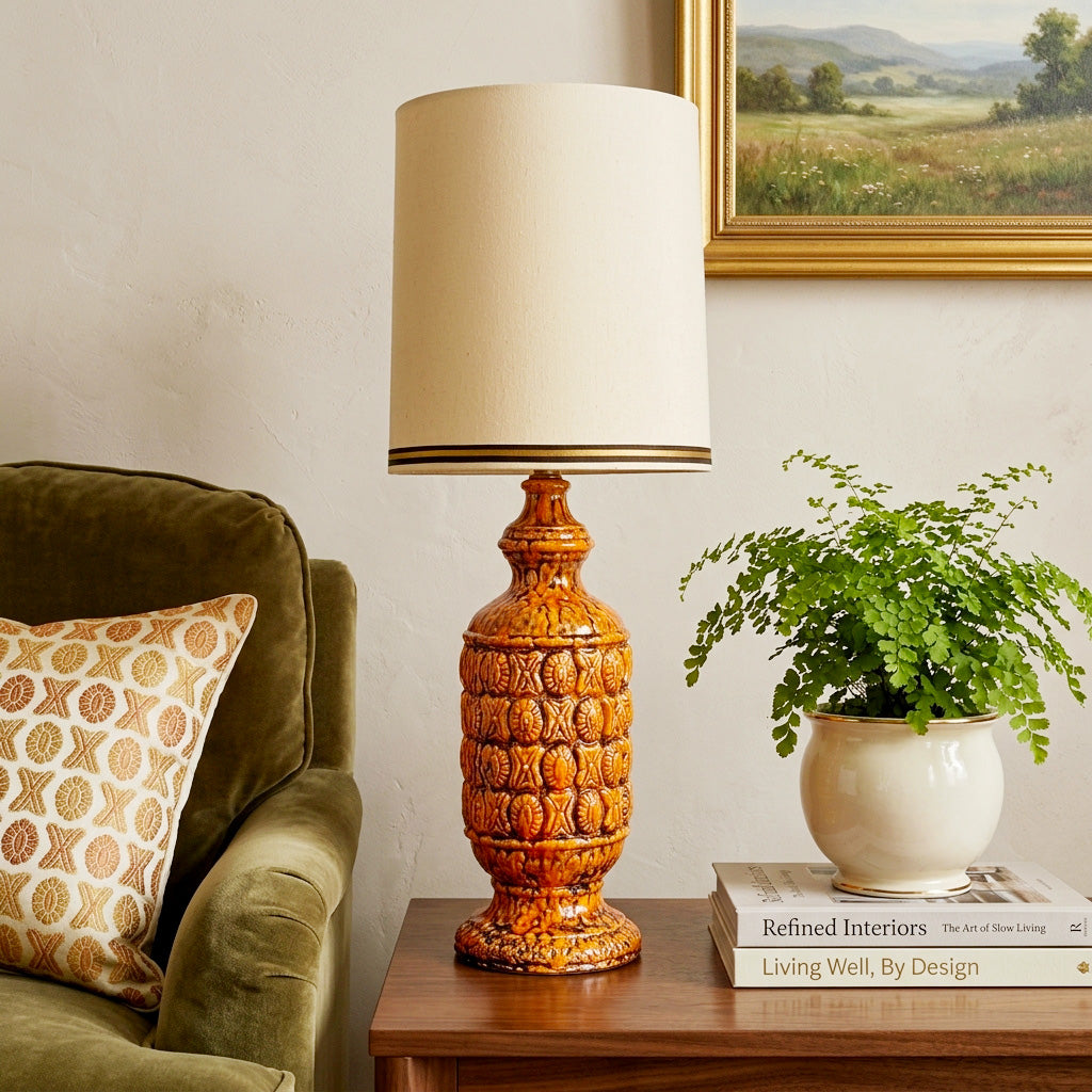 MCM Orange Ceramic Lamp, Mid Century Table Lamp, Vintage Retro Accent Lamp