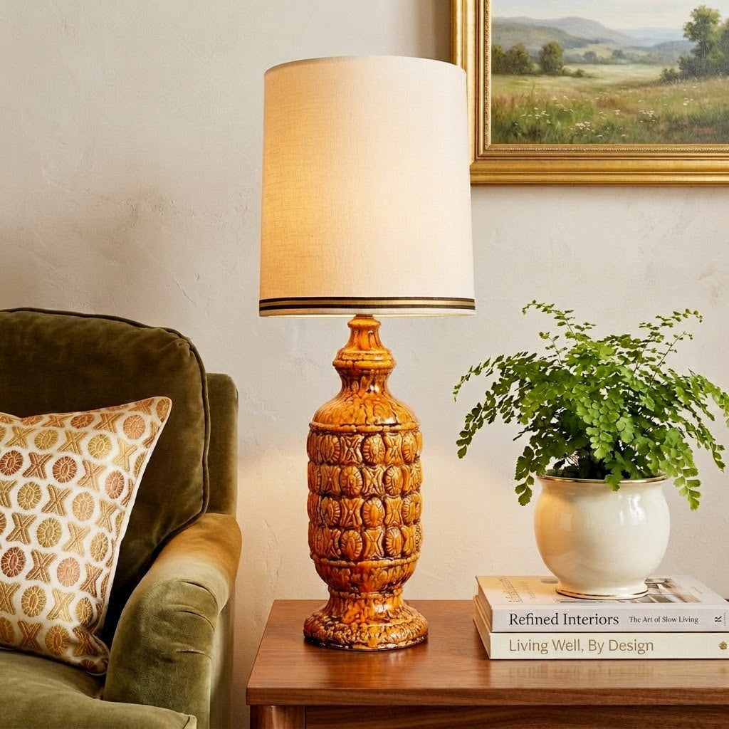 MCM Orange Ceramic Lamp, Mid Century Table Lamp, Vintage Retro Accent Lamp