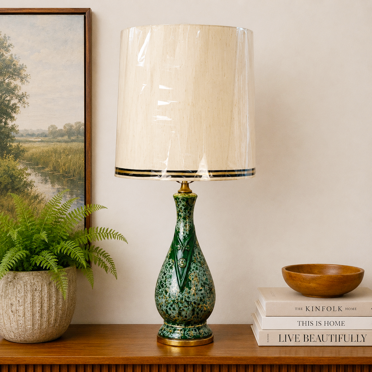 Vintage Mid Century Modern Green Ceramic Table Lamp | Gold Accent MCM Lighting