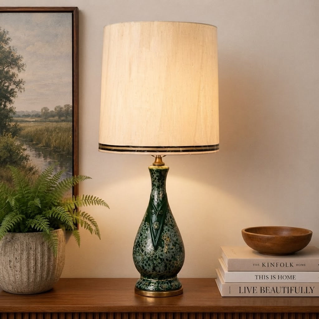 Vintage Mid Century Modern Green Ceramic Table Lamp | Gold Accent MCM Lighting