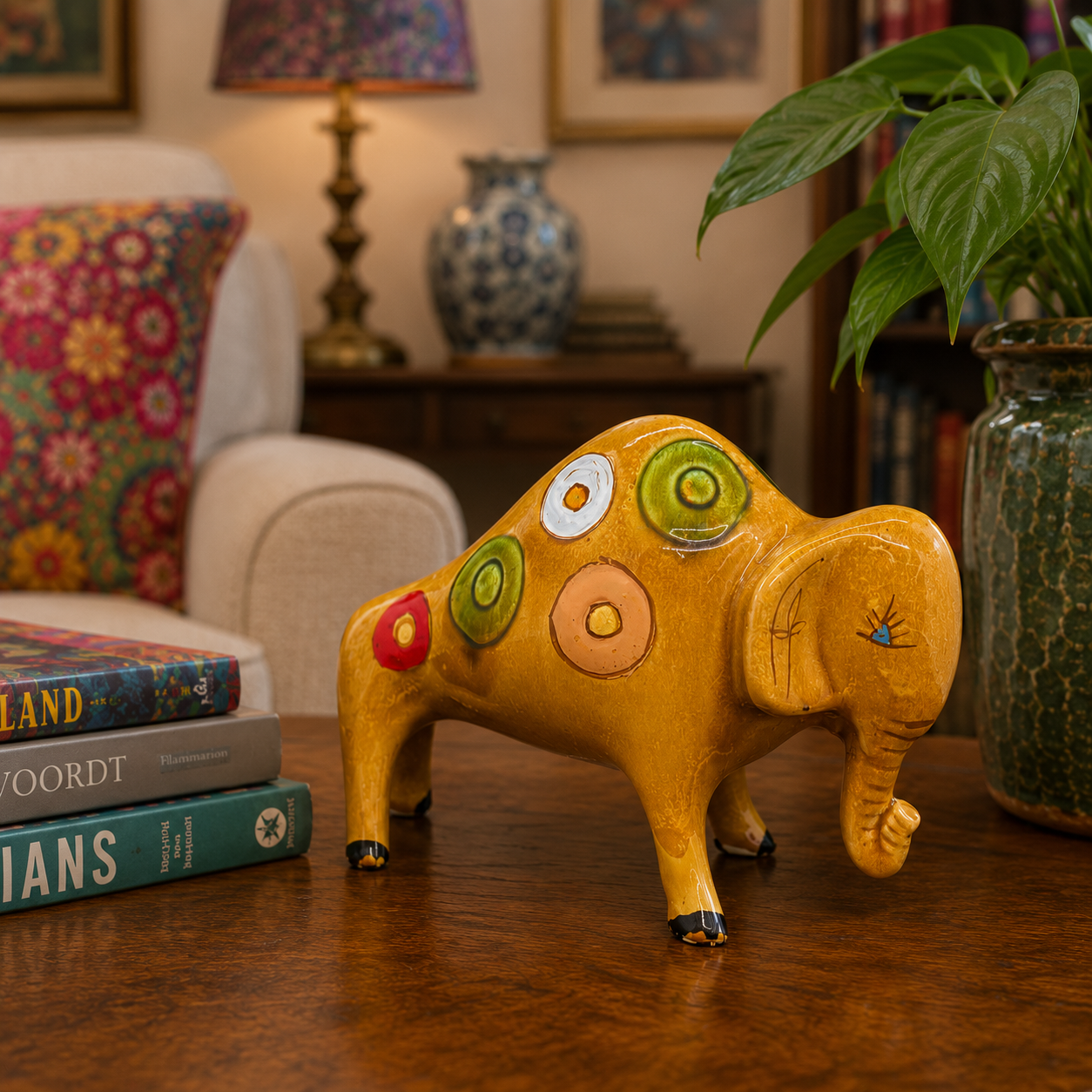 Vintage Hand Painted Ceramic Elephant Figurine | Mustard Yellow Boho Decor | Mid Century Modern Shelf Decor | Colorful Folk Art Elephant Statue