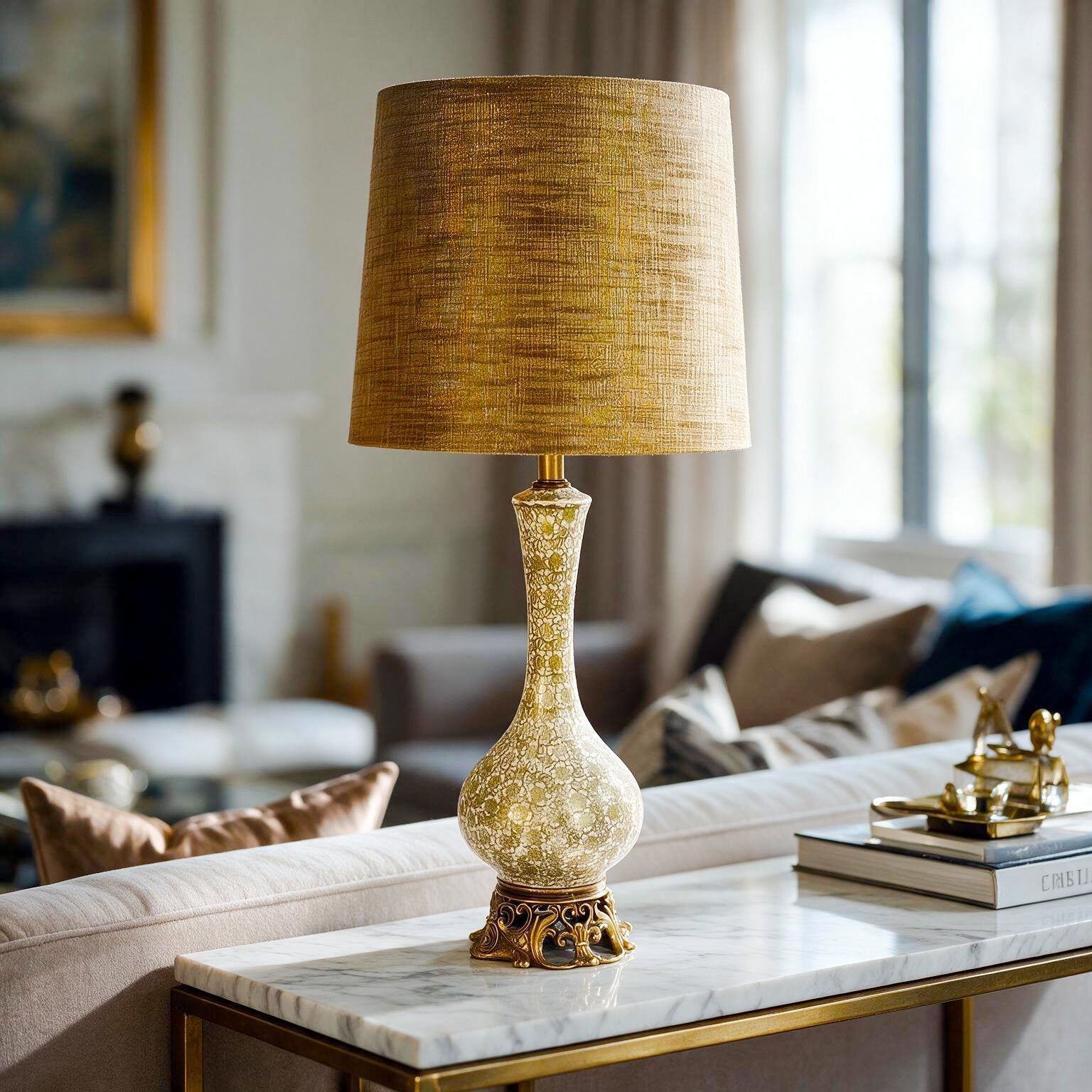 Metallic Gold Floral Pattern Lamp, Hollywood Regency Decorative Lamp, Glam Ornate Hollywood Lamp