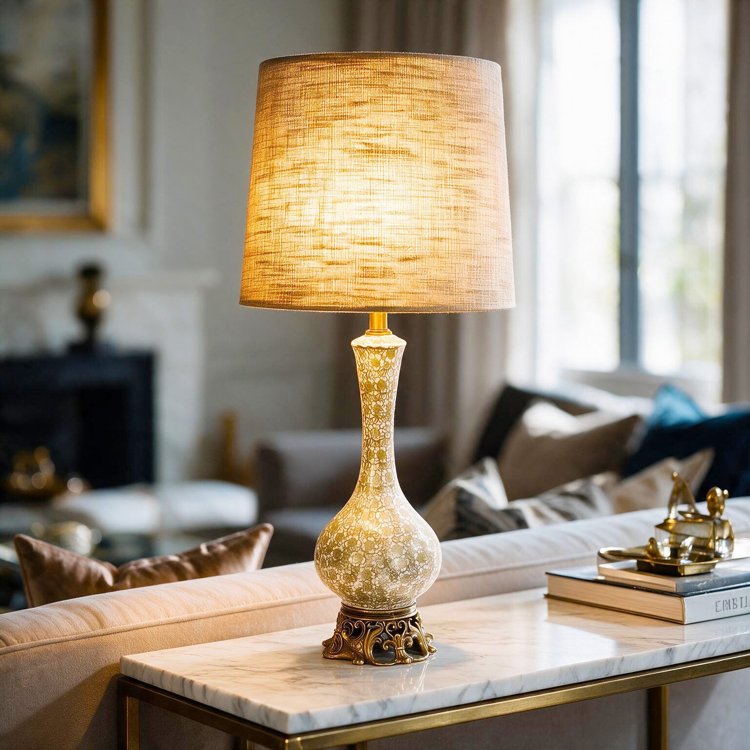 Metallic Gold Floral Pattern Lamp, Hollywood Regency Decorative Lamp, Glam Ornate Hollywood Lamp