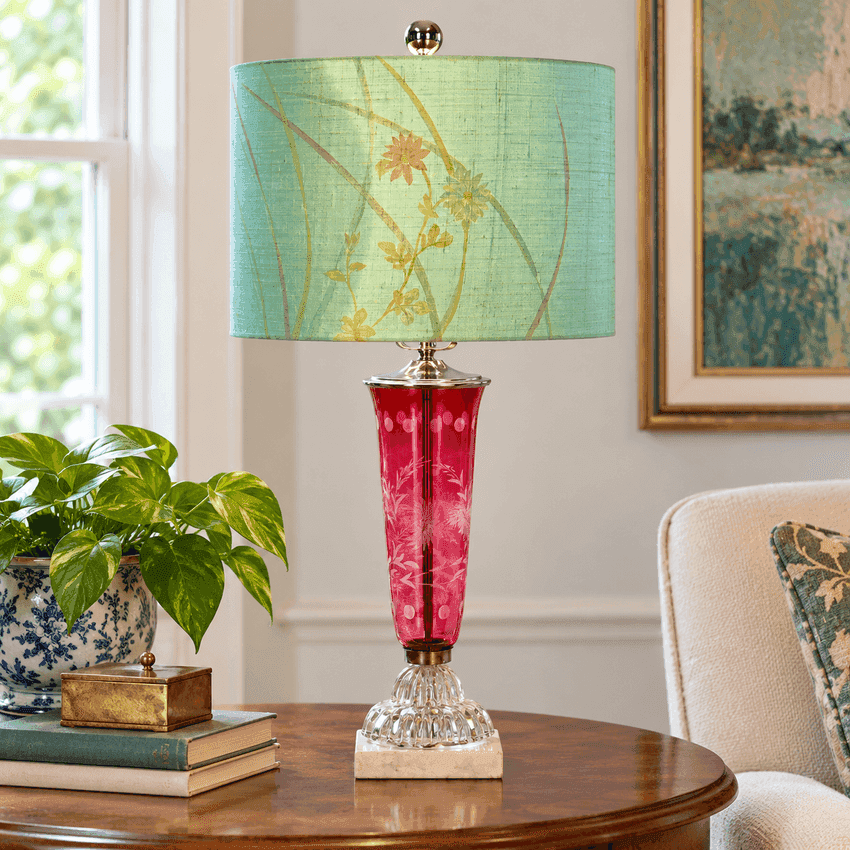 Japanese Silk Drum Lampshade | Light Green Tsukesage Kimono Fabric Shade | Handmade Japanese Textile Lamp Shade | Custom Sizes