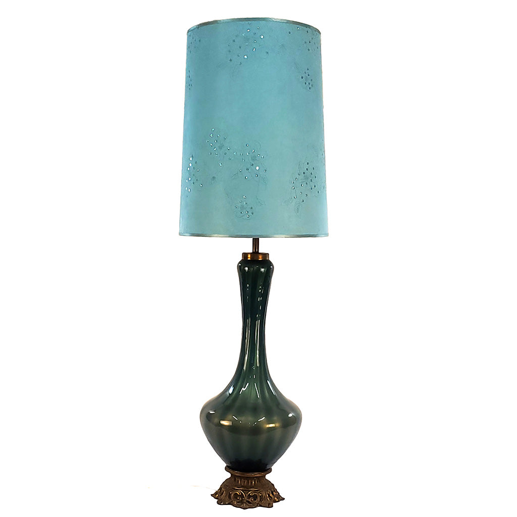 Handmade Light Blue Faux Suede Drum Lampshade with Embroidered Sequined Roses | Custom Pastel Blue Sparkle Spider Fitter Replacement Shade
