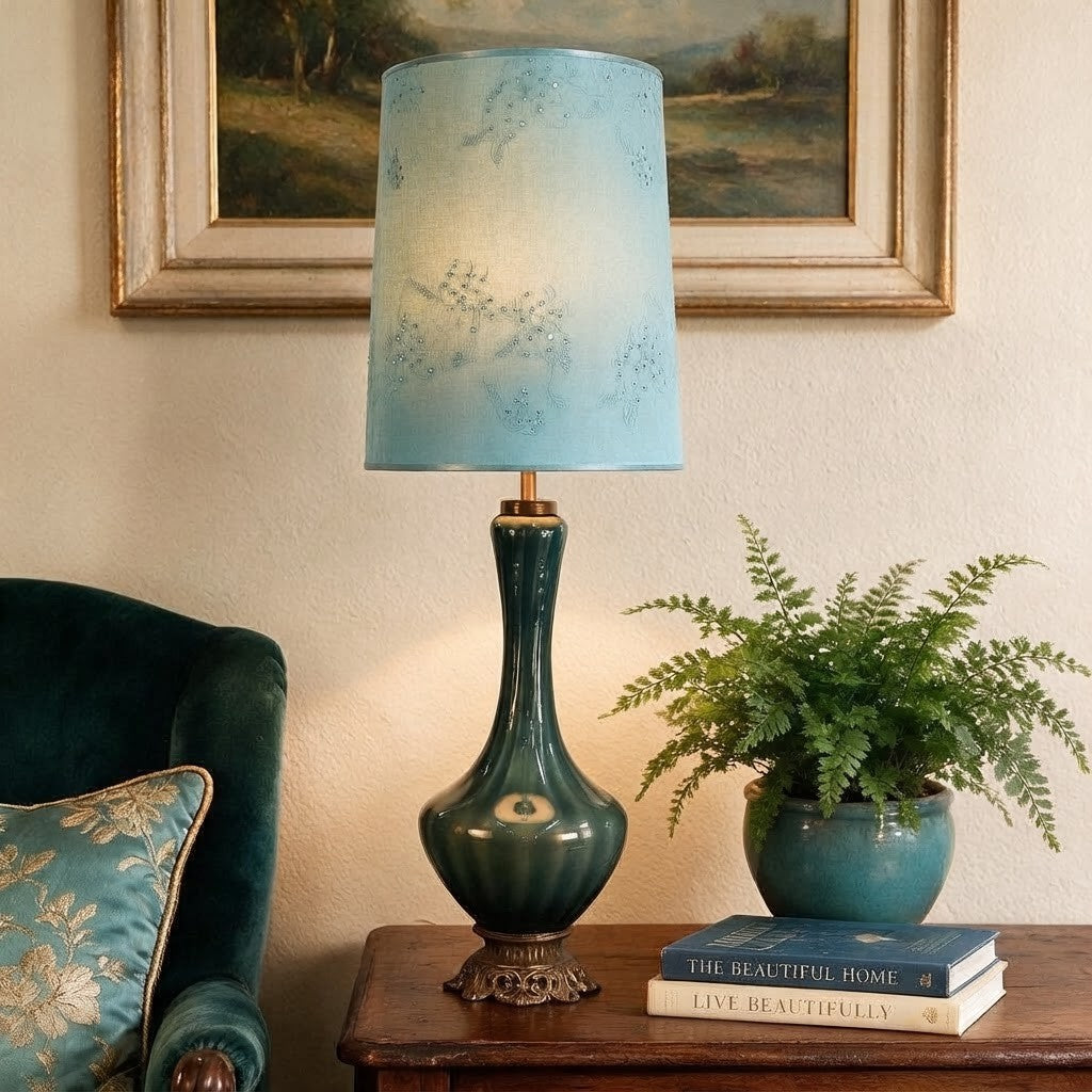 Handmade Light Blue Faux Suede Drum Lampshade with Embroidered Sequined Roses | Custom Pastel Blue Sparkle Spider Fitter Replacement Shade