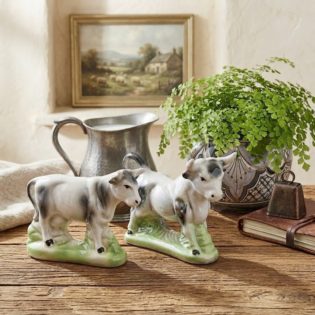 Vintage Opalescent Brazilian Cow Bull Pair, Glazed Ceramic Figurines, Collectible Animal Ceramic Animal