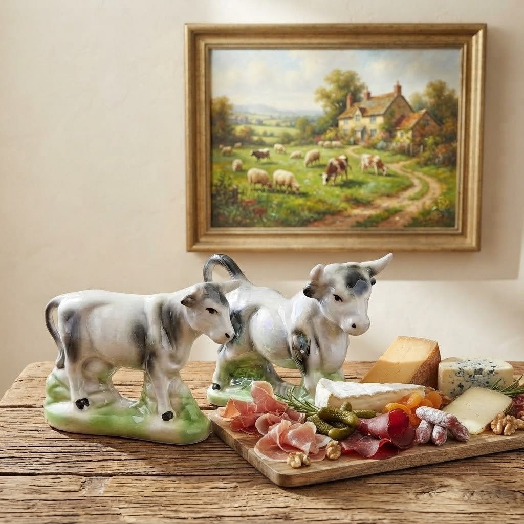 Vintage Opalescent Brazilian Cow Bull Pair, Glazed Ceramic Figurines, Collectible Animal Ceramic Animal