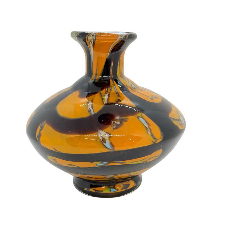 Vintage Amber Orange & Chocolate Brown Swirl Art Glass Vase, Bulbous Mid Century Modern Style Vase, Retro Glass Decor