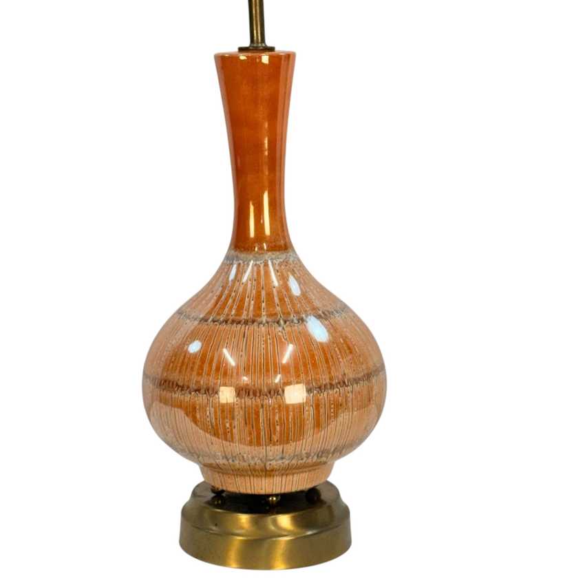 Vintage Orange Drip Glaze Table Lamp – Mid Century Ceramic Pottery Lamp – Brown White Glaze – 34.25”