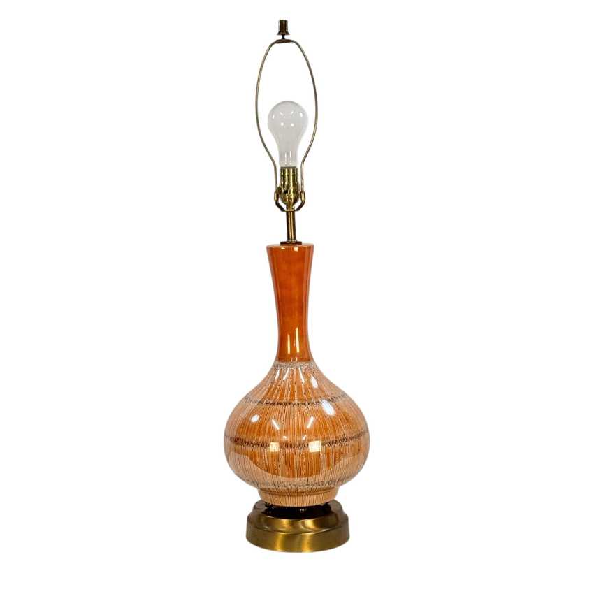 Vintage Orange Drip Glaze Table Lamp – Mid Century Ceramic Pottery Lamp – Brown White Glaze – 34.25”