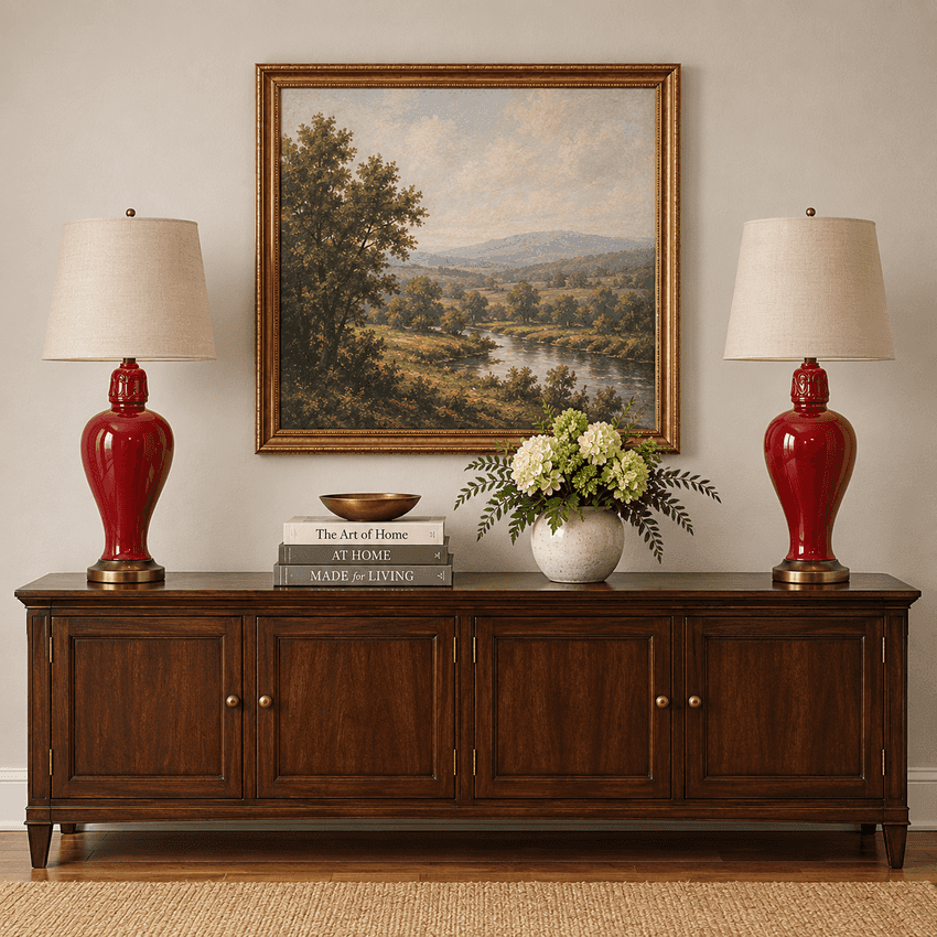 A dark wood console table in a living room setting, flanked by two red ceramic table lamps with beige shades, and centered with a vase of white flowers and a framed landscape painting on the wall above.