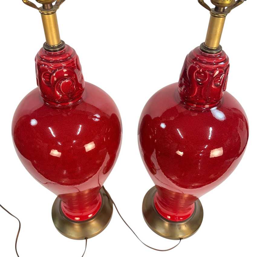 Vintage Oxblood Red Ceramic Table Lamps Pair | 1960s Asian Style Ginger Jar Lamps | Large 30 Inch Matching Lamps