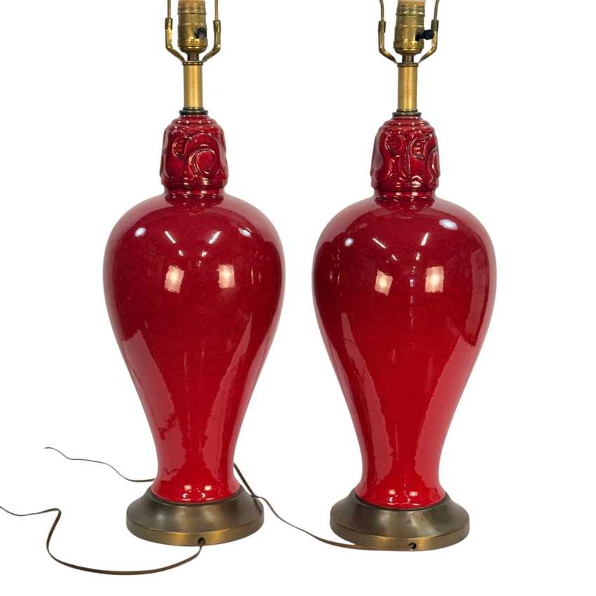 Vintage Oxblood Red Ceramic Table Lamps Pair | 1960s Asian Style Ginger Jar Lamps | Large 30 Inch Matching Lamps