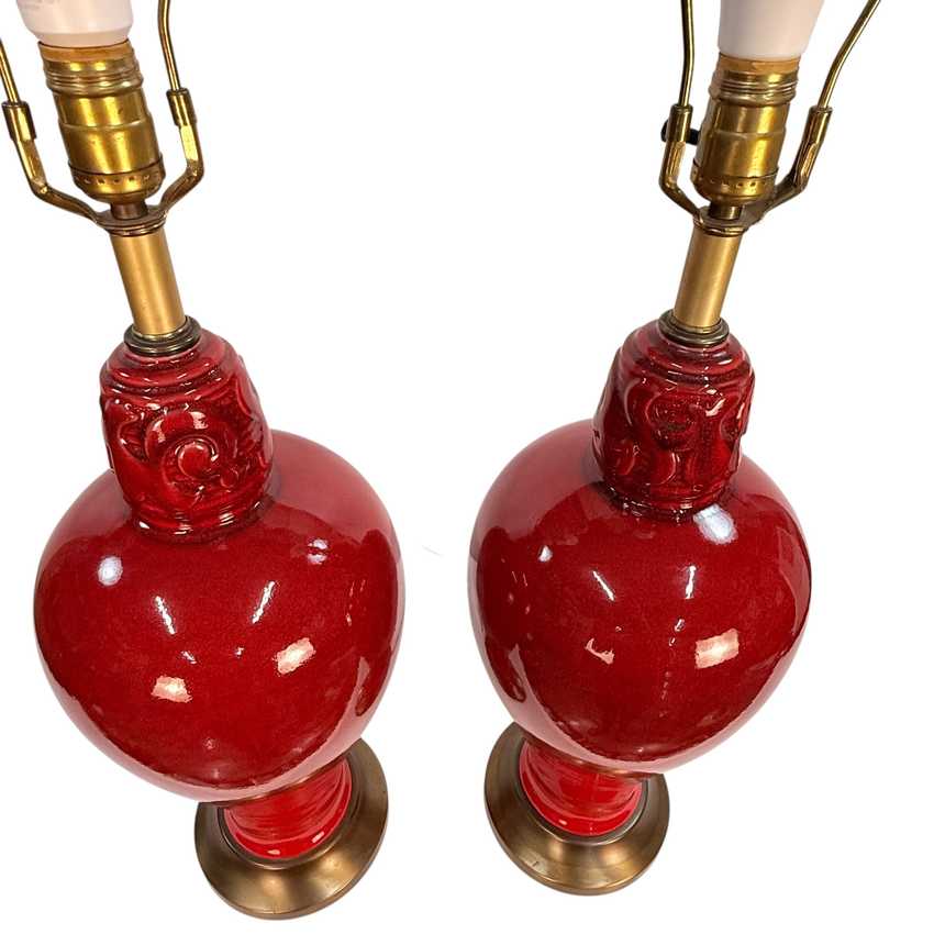 Vintage Oxblood Red Ceramic Table Lamps Pair | 1960s Asian Style Ginger Jar Lamps | Large 30 Inch Matching Lamps