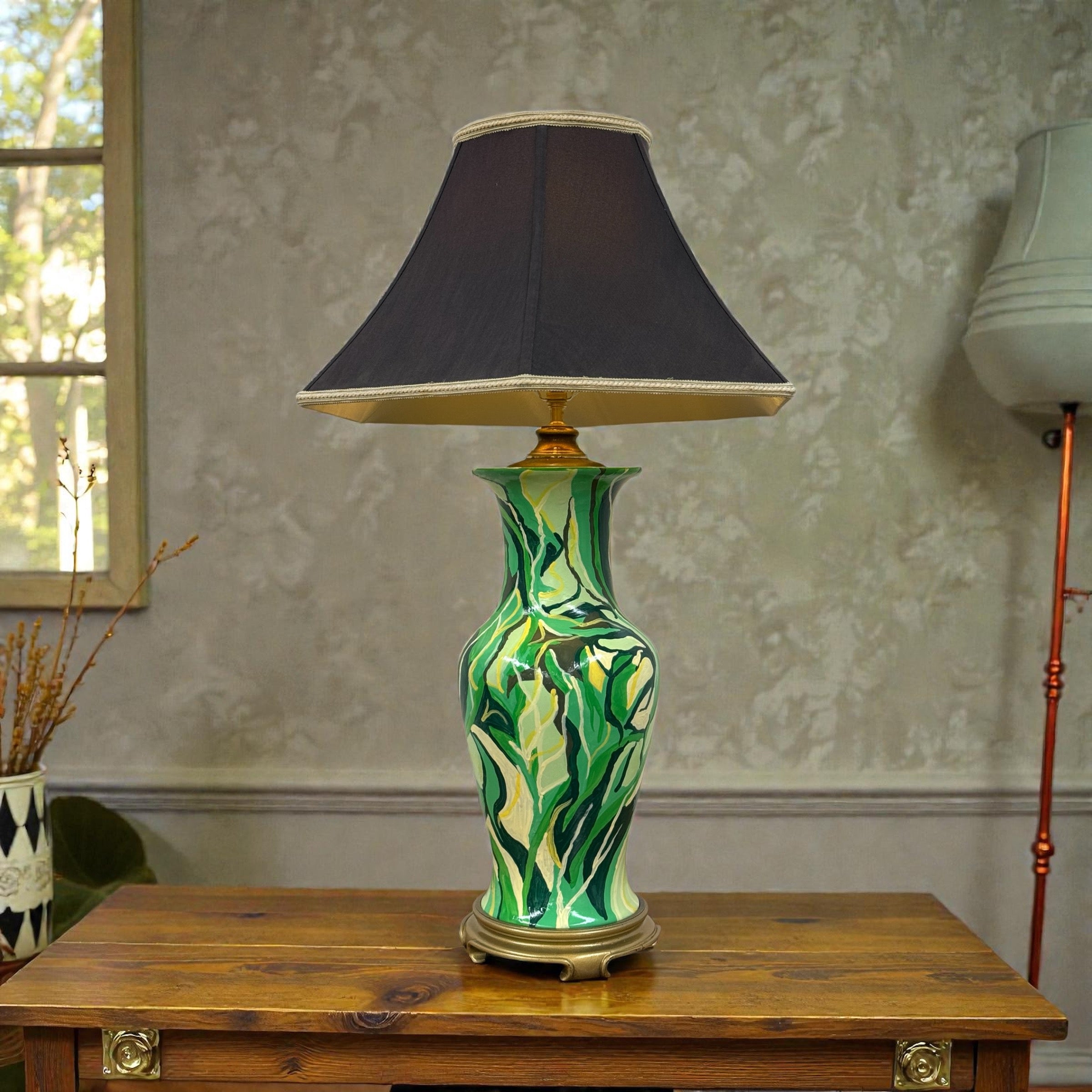 Green Swirl Painted Urn Lamp