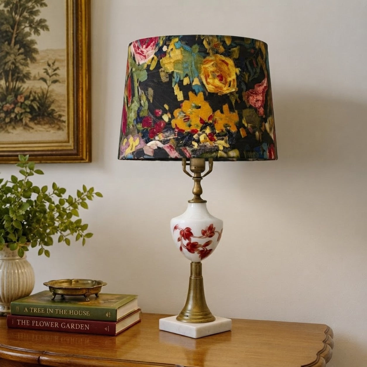 Vintage Hand-Painted Milk Glass Table Lamp | White Glass Floral Lamp with Marble Base | Brass Accent Lamp | Mid Century Lighting