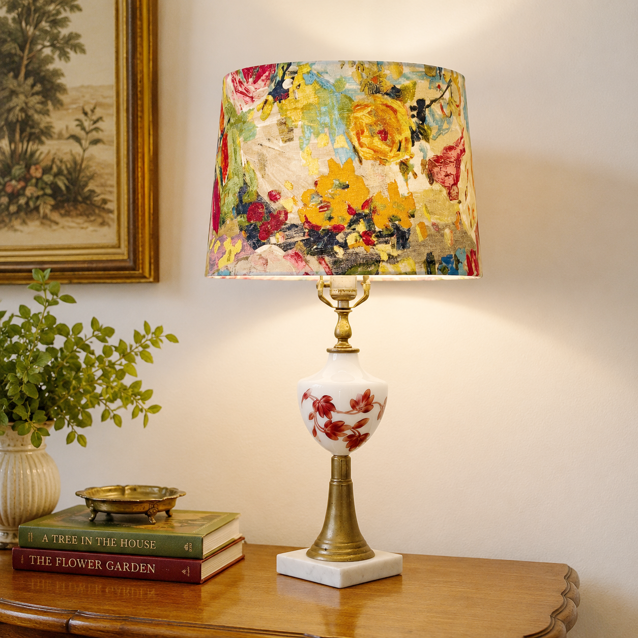 Vintage Hand-Painted Milk Glass Table Lamp | White Glass Floral Lamp with Marble Base | Brass Accent Lamp | Mid Century Lighting