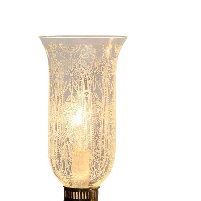 Pair Vintage Brass Crystal Boudoir Lamps with Etched Frosted Glass Chimneys
