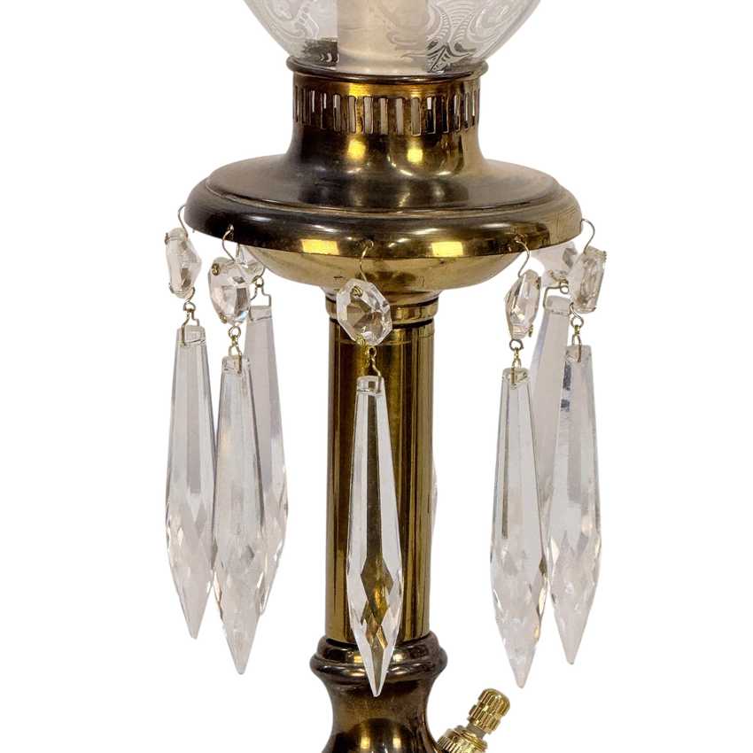 Pair Vintage Brass Crystal Boudoir Lamps with Etched Frosted Glass Chimneys