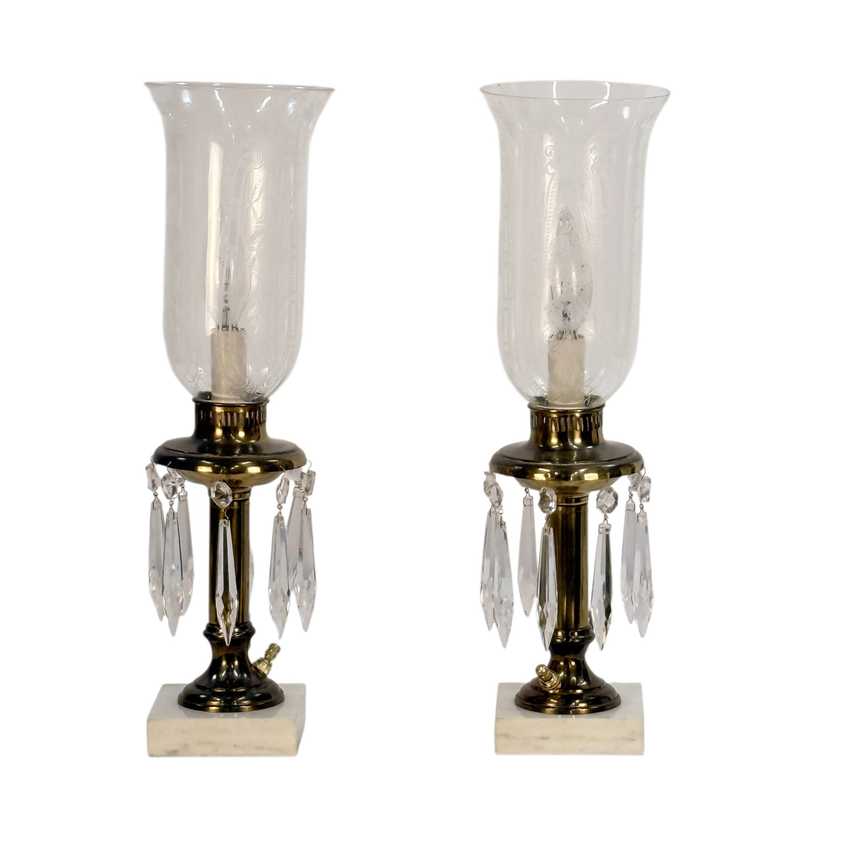 Pair Vintage Brass Crystal Boudoir Lamps with Etched Frosted Glass Chimneys
