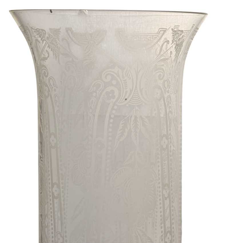 Pair Vintage Brass Crystal Boudoir Lamps with Etched Frosted Glass Chimneys