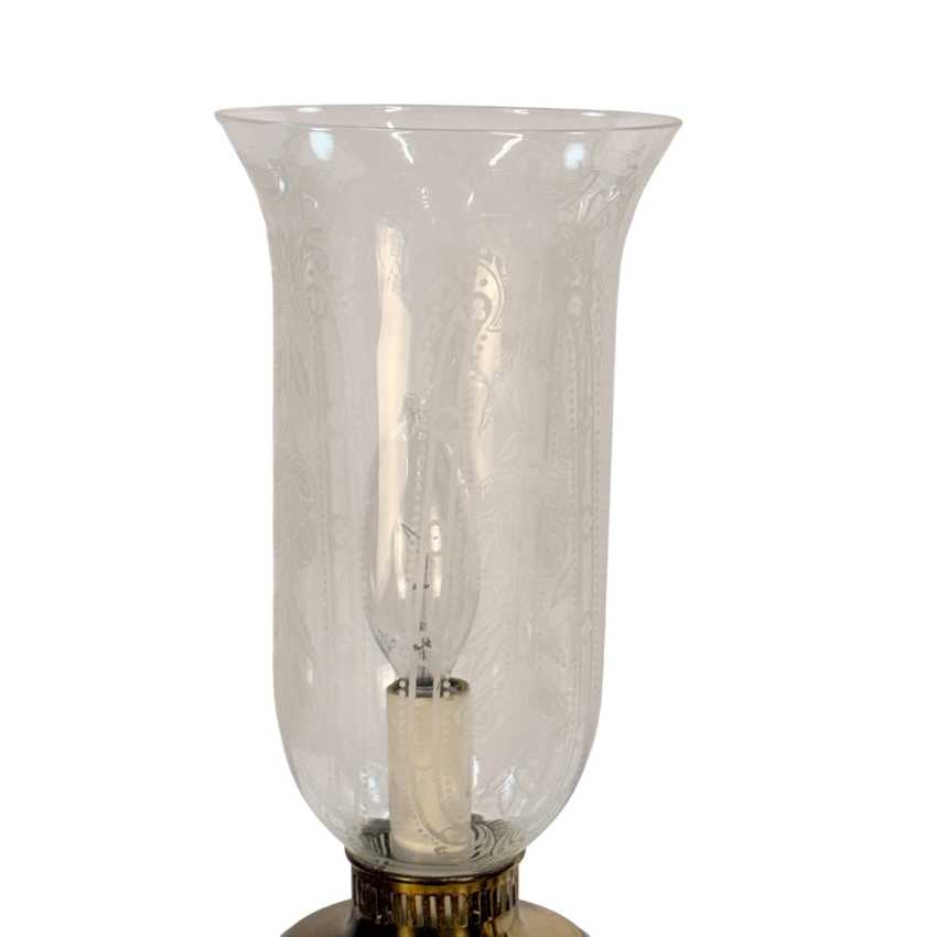 Pair Vintage Brass Crystal Boudoir Lamps with Etched Frosted Glass Chimneys